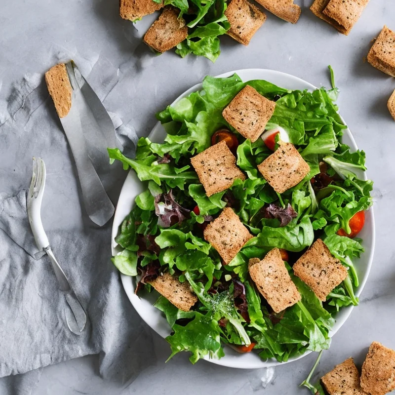 Grøn salat med citronlaks og rugbrødscroutoner - Illustration - kan være AI genereret og afvige fra opskriften