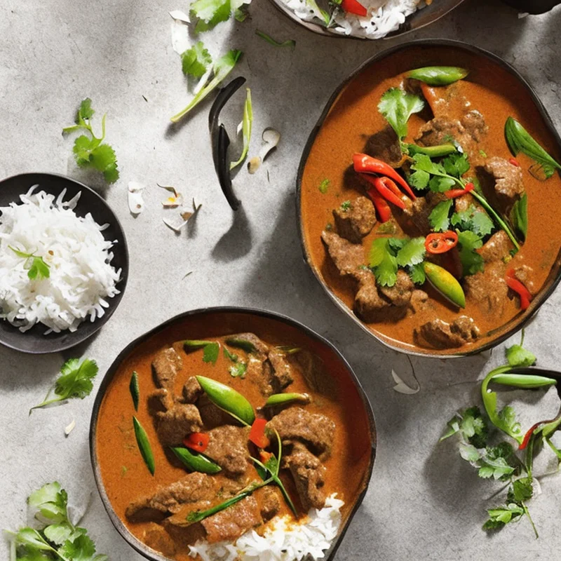 Oksekød i rød karry og kokosmælk - Illustration - kan være AI genereret og afvige fra opskriften