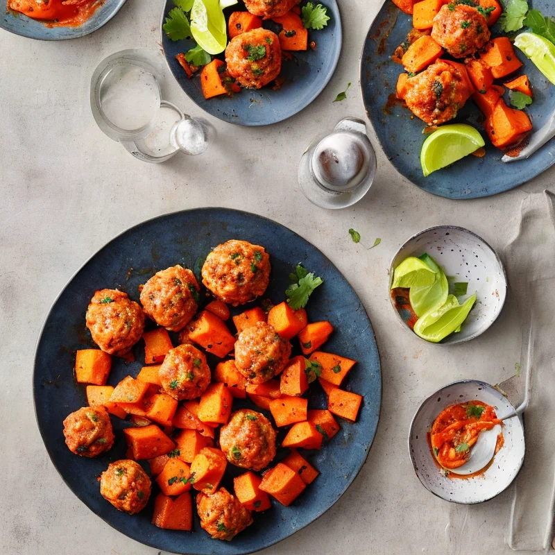 Spicy laksefrikadeller med søde chilikartofler - Illustration - kan være AI genereret og afvige fra opskriften