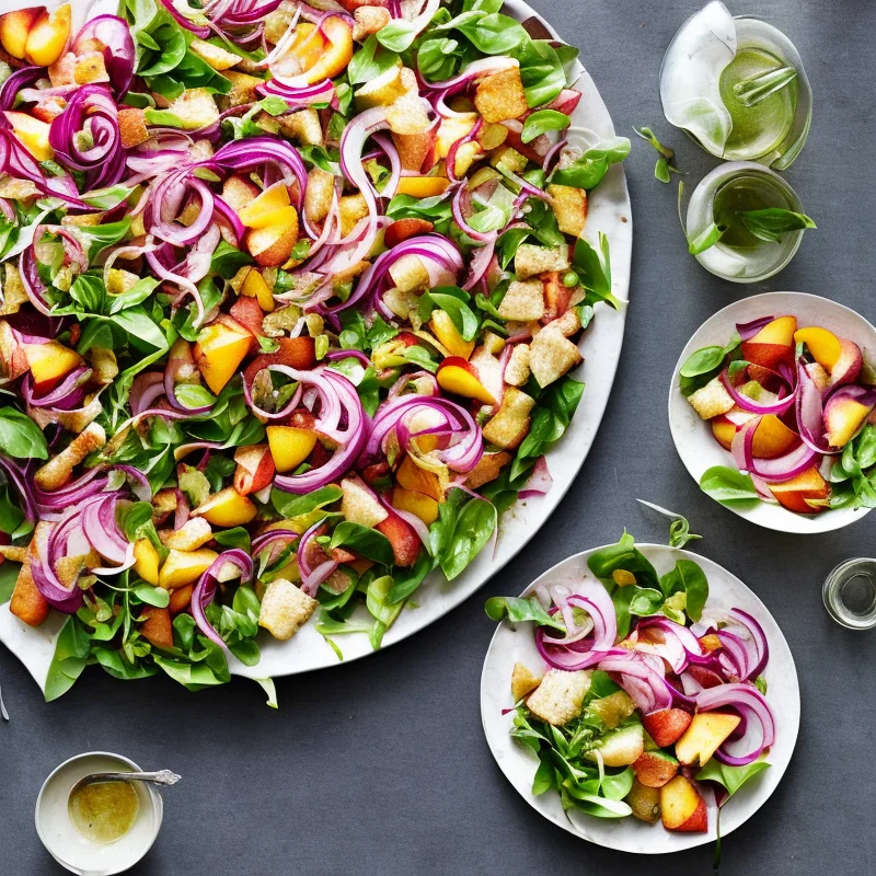 Panzanellasalat med fersken og lynsyltede rødløg - Illustration - kan være AI genereret og afvige fra opskriften