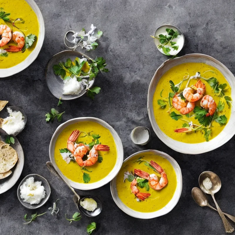 Cremet karrysuppe med tigerrejer - Illustration - kan være AI genereret og afvige fra opskriften