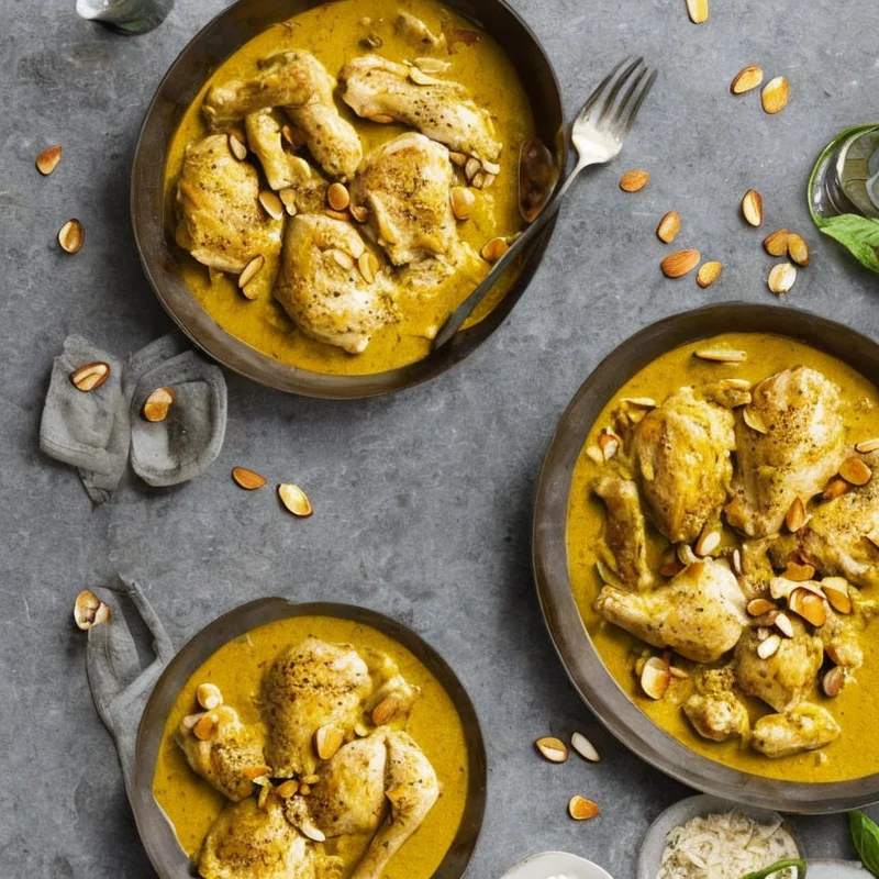 Kylling med karry, mandler og kokos - Illustration - kan være AI genereret og afvige fra opskriften