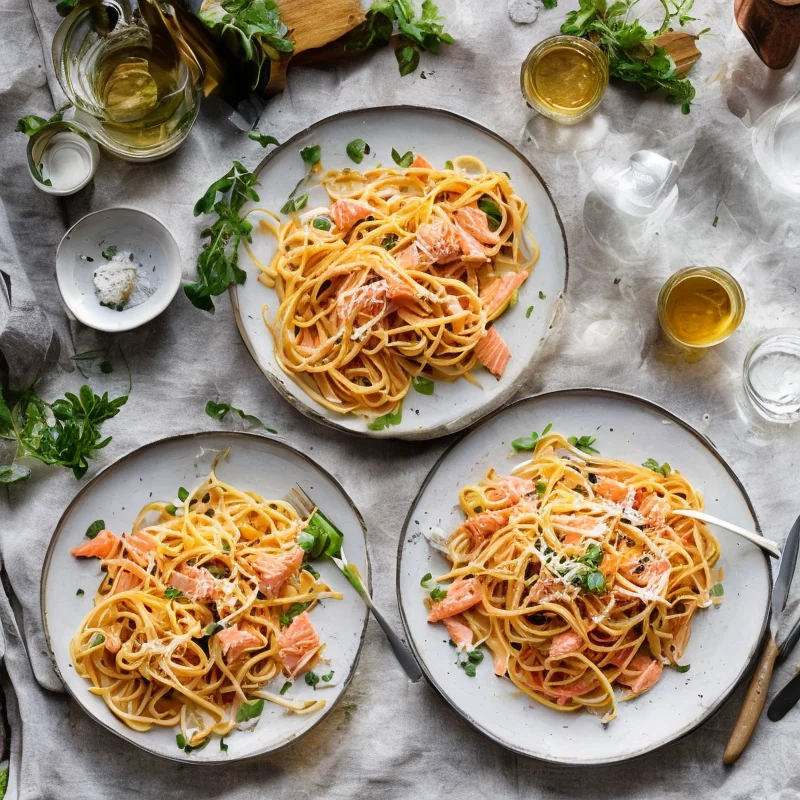 Laksepasta med båndspaghetti og parmesan - Illustration - kan være AI genereret og afvige fra opskriften