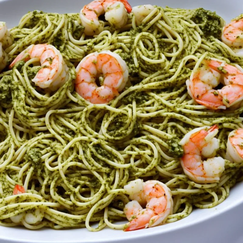 Pasta med rejer og pesto - Illustration - kan være AI genereret og afvige fra opskriften