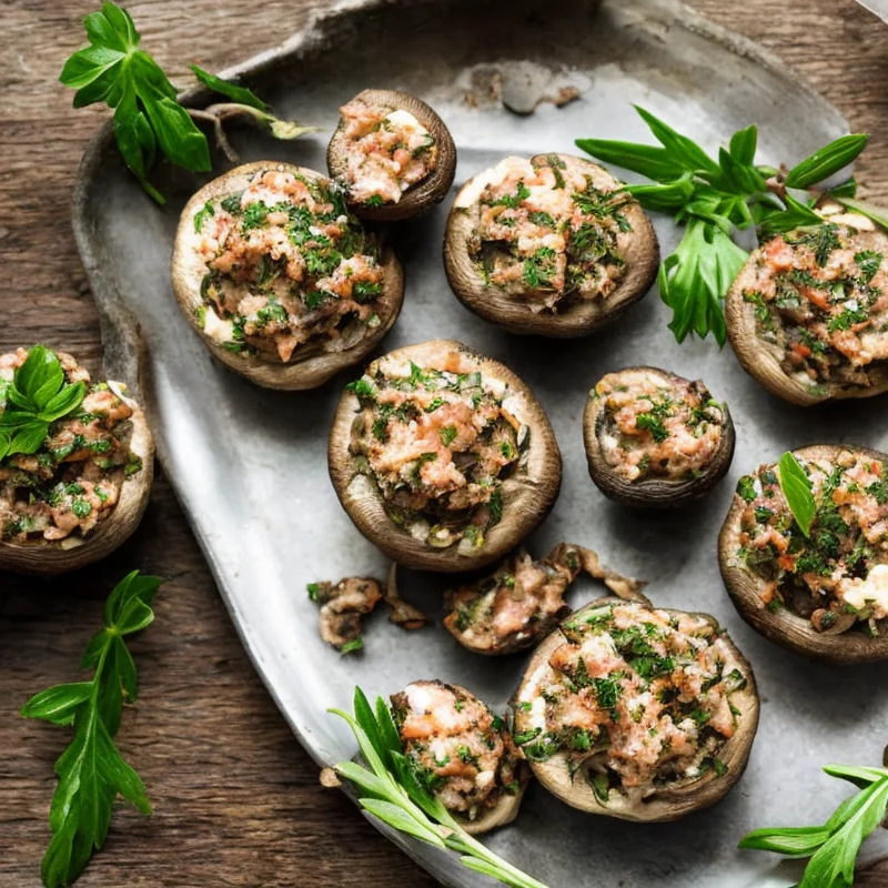 Fyldte champignons med marcarpone og krydderurter - Illustration - kan være AI genereret og afvige fra opskriften