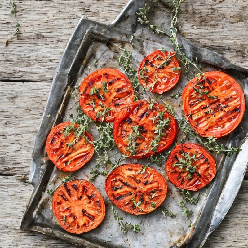 Grillede tomatskiver med parmesan og timian - Illustration - kan være AI genereret og afvige fra opskriften