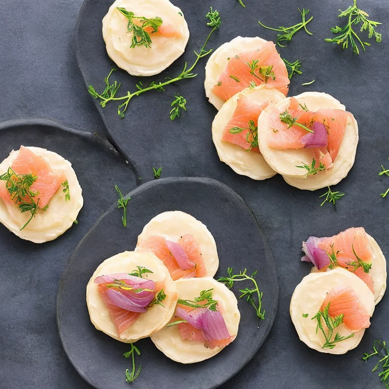 Kartoffelblinis med rødløg og laks - Illustration - kan være AI genereret og afvige fra opskriften