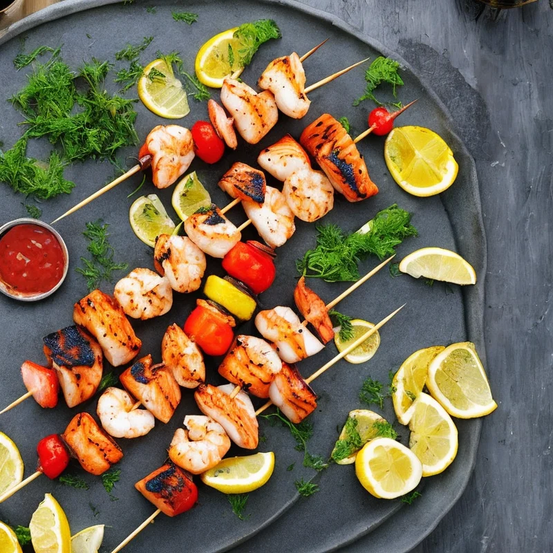 Grillspid med laks, kammuslinger og tigerrejer - Illustration - kan være AI genereret og afvige fra opskriften