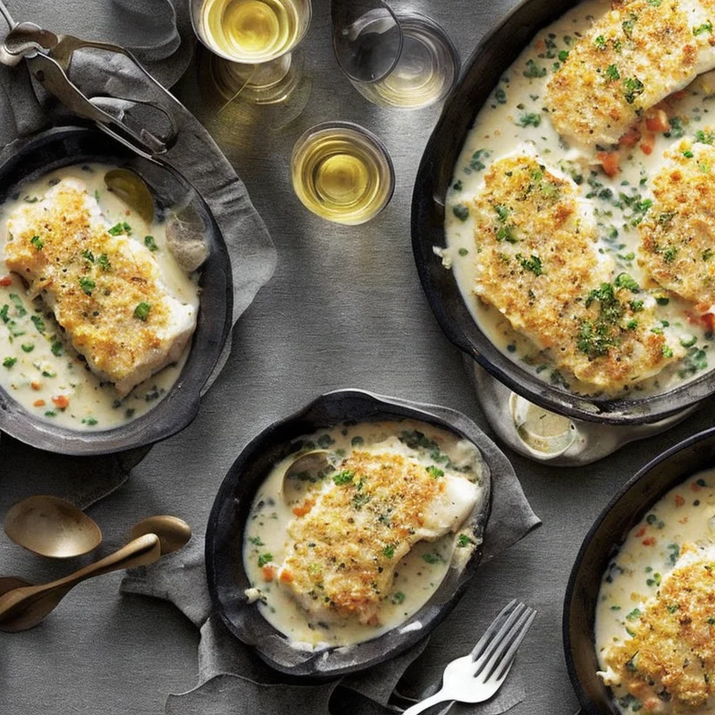 Fløde-hvidvinsgratinerede fiskefileter - Illustration - kan være AI genereret og afvige fra opskriften