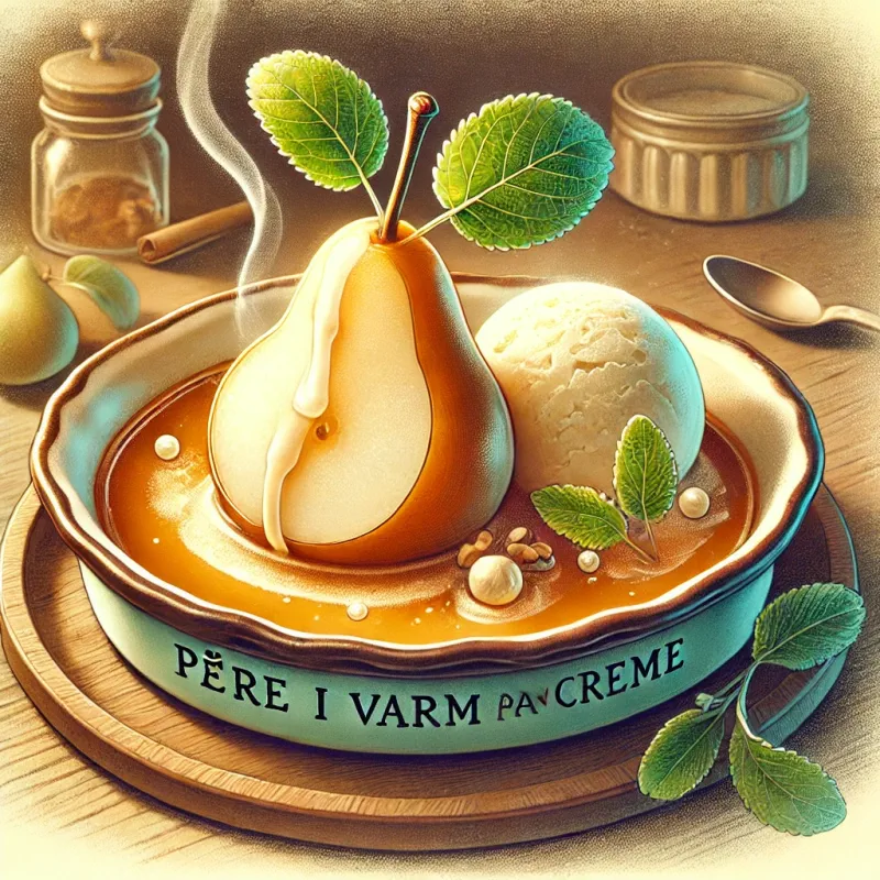 Pære i varm marcipancreme - Illustration - kan være AI genereret og afvige fra opskriften