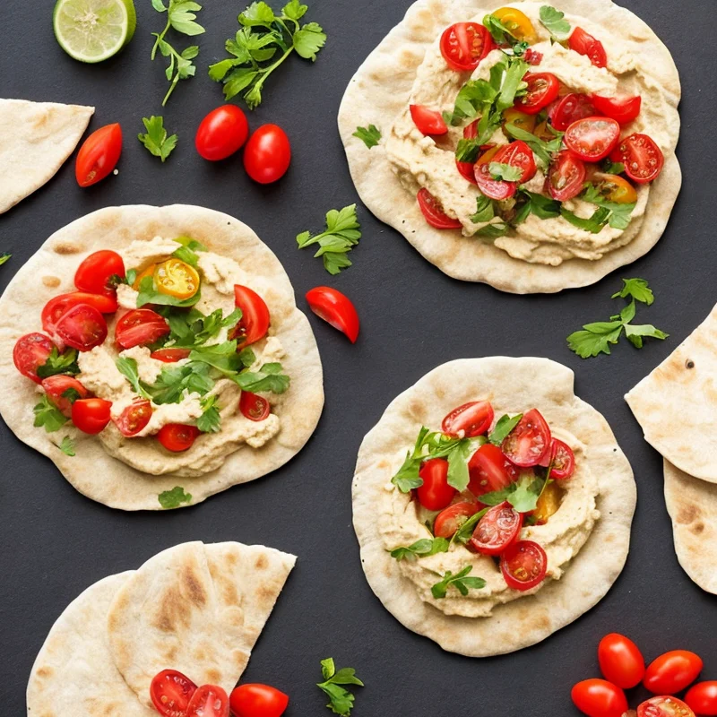 Pitabrød med hummus og tomatsalat - Illustration - kan være AI genereret og afvige fra opskriften