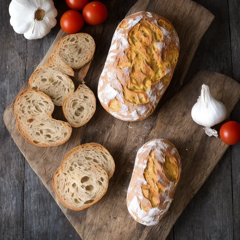 Landbrød med tomater, mozarella og hvidløg - Illustration - kan være AI genereret og afvige fra opskriften