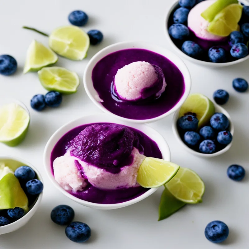 Pina colada sorbet med blåbærpuré - Illustration - kan være AI genereret og afvige fra opskriften