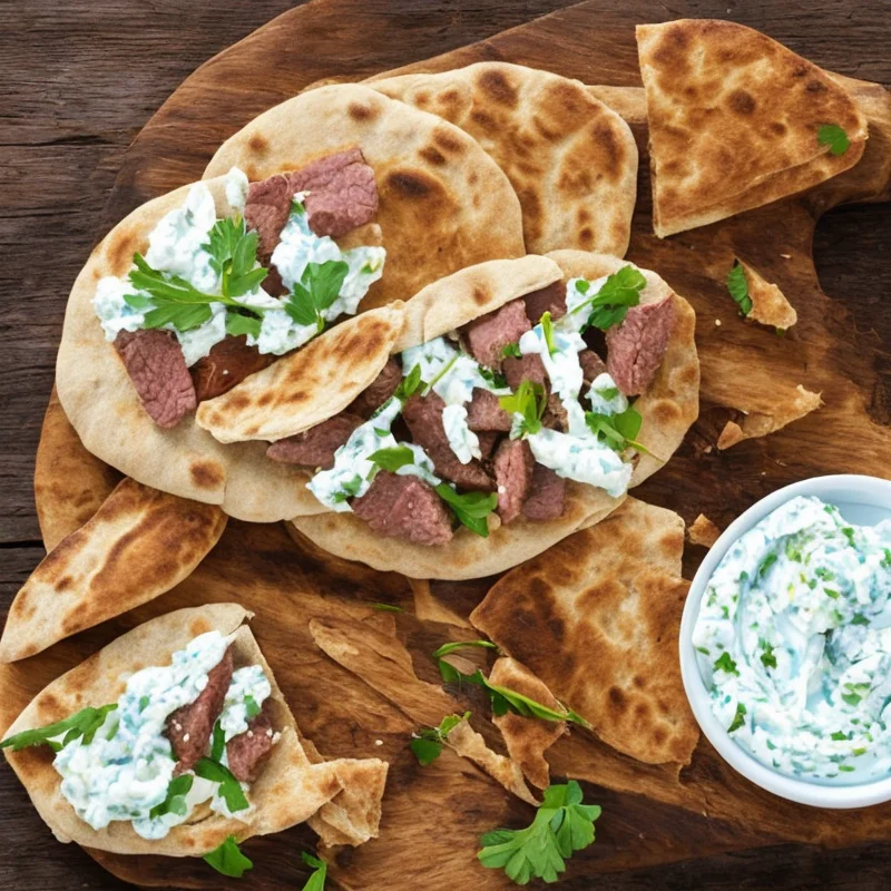 Pitabrød med kød og tzatziki - Illustration - kan være AI genereret og afvige fra opskriften