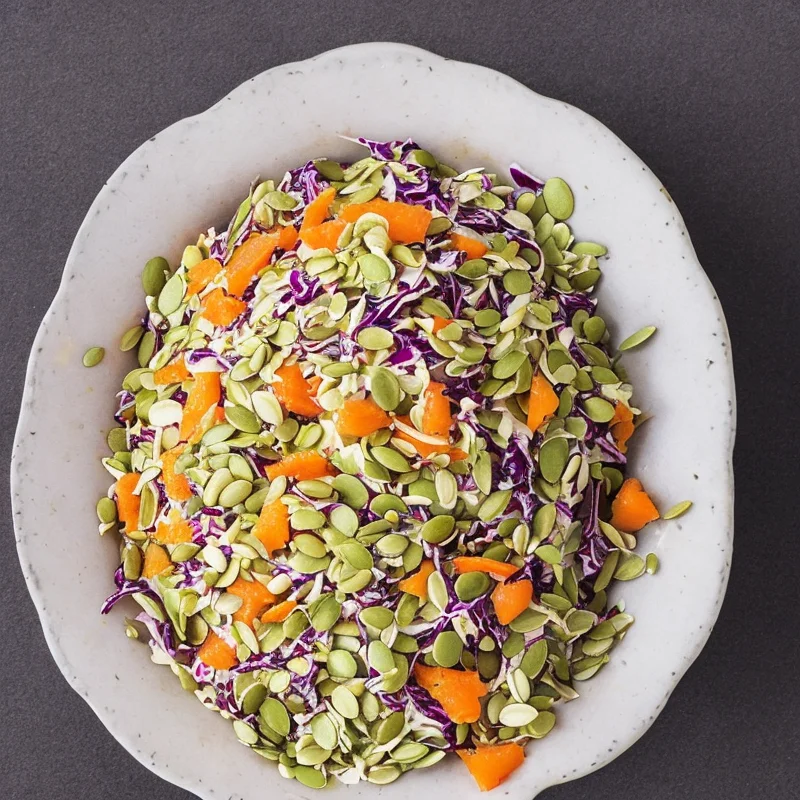 Sund coleslaw med abrikoser og græskarkerner - Illustration - kan være AI genereret og afvige fra opskriften