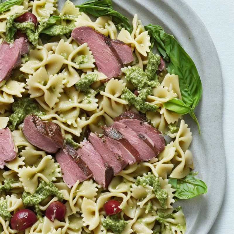 Pastasalat med røget andebryst og pestodressing - Illustration - kan være AI genereret og afvige fra opskriften