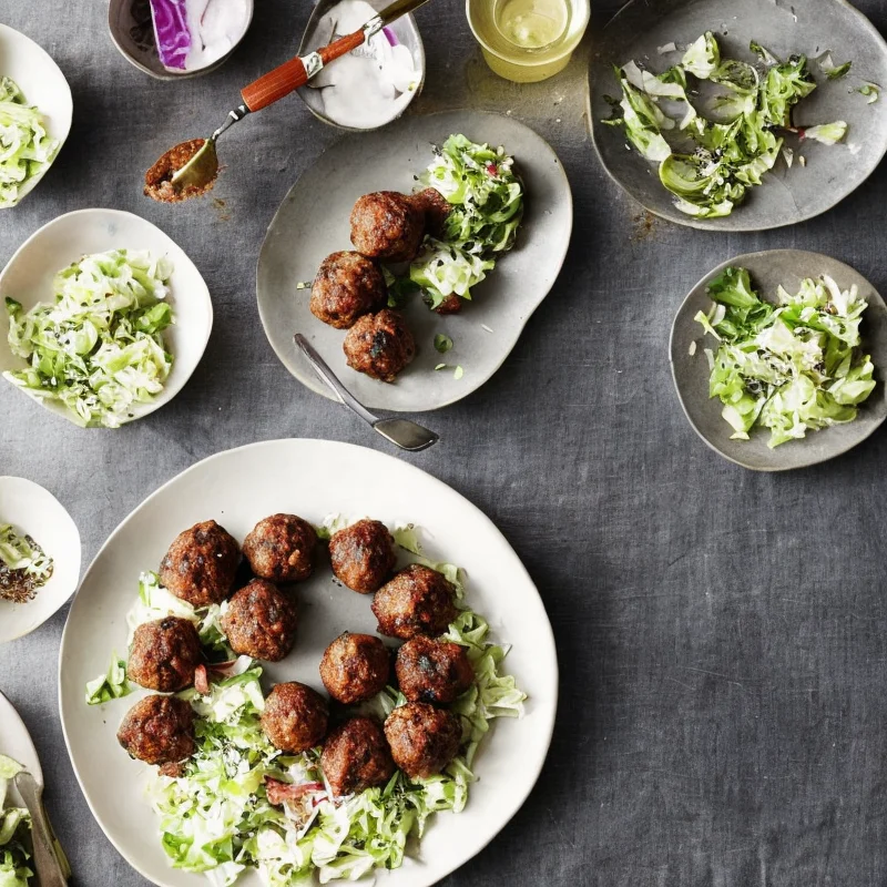 Enebærfrikadeller med hvidkålsalat - Illustration - kan være AI genereret og afvige fra opskriften