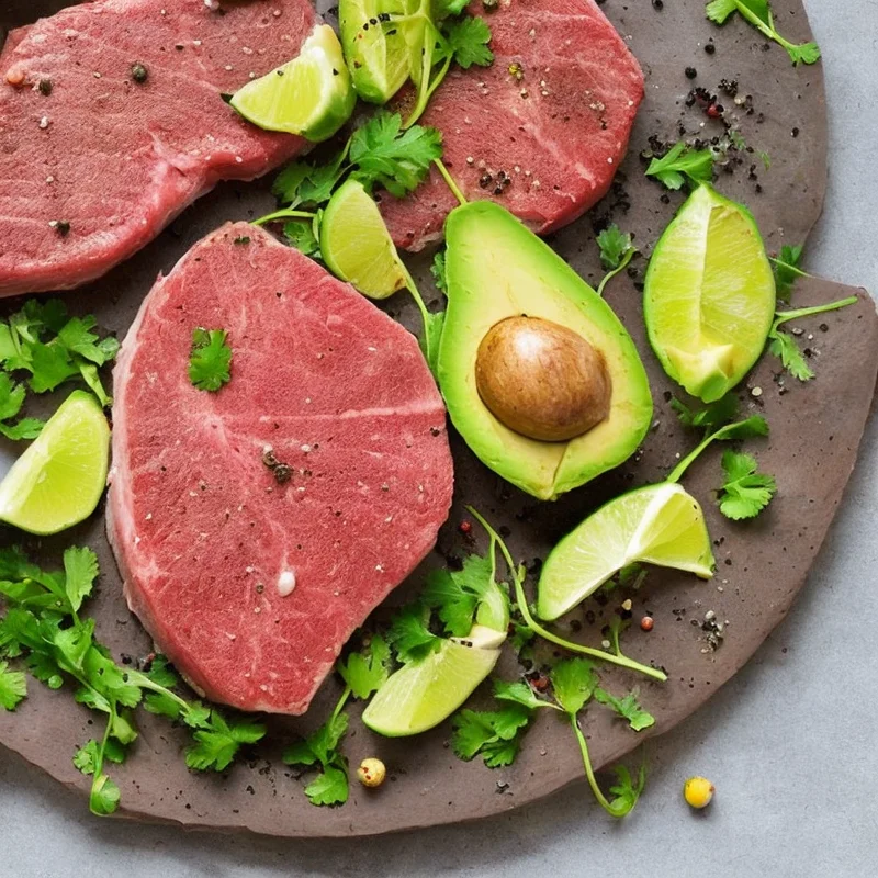Tunsteaks med krydderier, lime og avocado - Illustration - kan være AI genereret og afvige fra opskriften