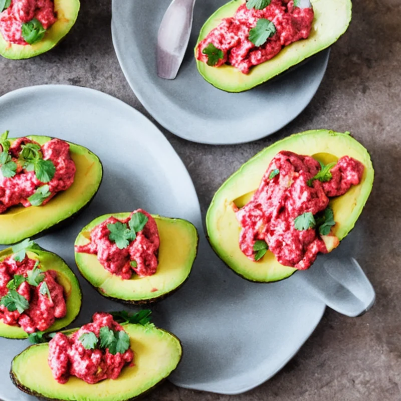 Fyldte avocadoer med jordbærdressing - Illustration - kan være AI genereret og afvige fra opskriften