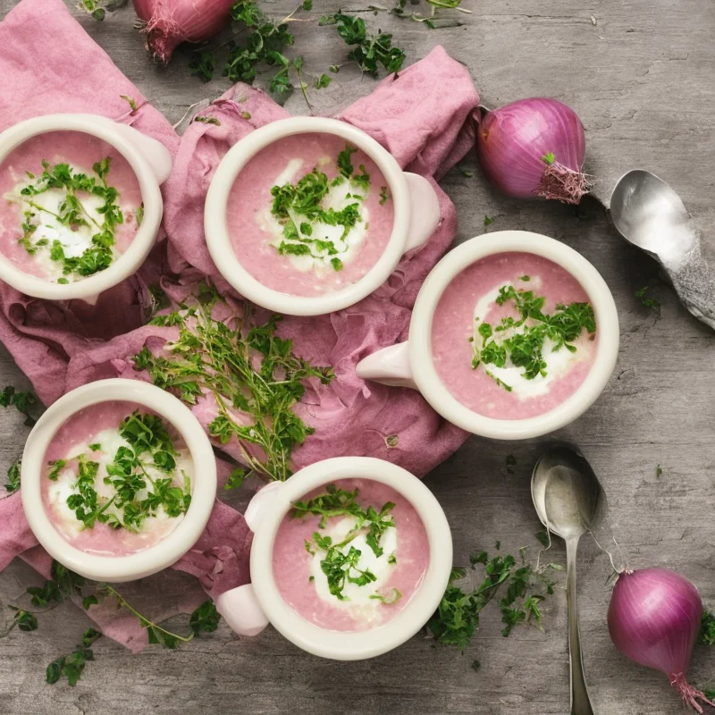Lyserød løgsuppe - Illustration - kan være AI genereret og afvige fra opskriften