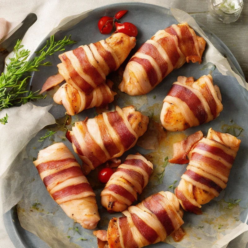 Kyllingefileter i baconsvøb - Illustration - kan være AI genereret og afvige fra opskriften