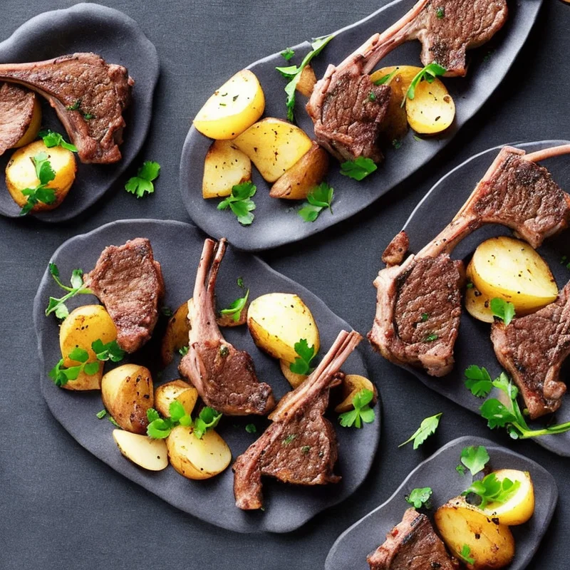 Lammekoteletter med kartoffelpynt - Illustration - kan være AI genereret og afvige fra opskriften