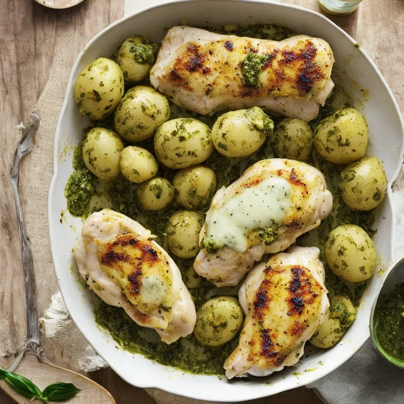 Kylling med mozzarella og pestokartofler - Illustration - kan være AI genereret og afvige fra opskriften