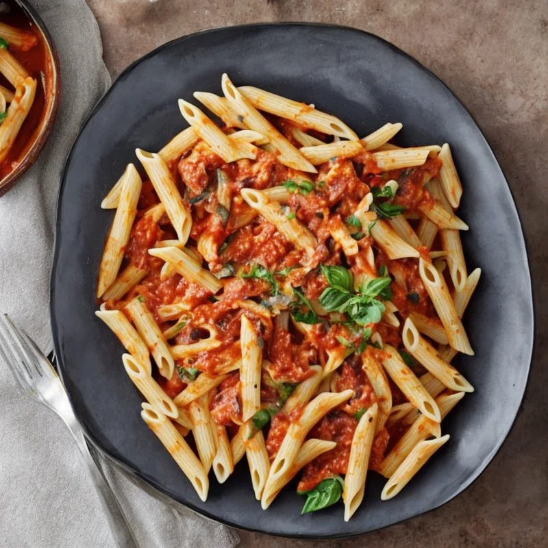 Pasta penne med kalkun og aubergine i tomatsauce - Illustration - kan være AI genereret og afvige fra opskriften