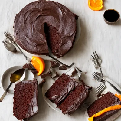 Chokoladekage med syltede valnødder og orangestrimler