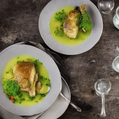 Braiseret unghanebryst i kørvelbouillon