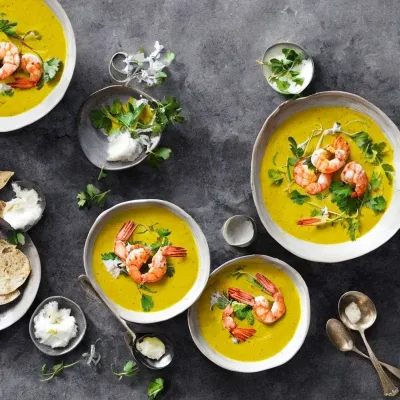 Cremet karrysuppe med tigerrejer