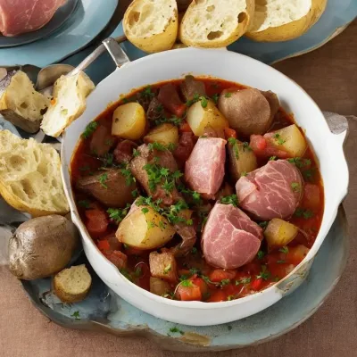 Spansk gryde med skinketern og bagte kartofler