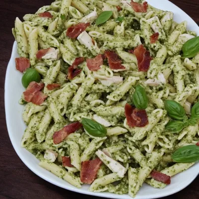 Pastasalat med pesto, bacon og kylling